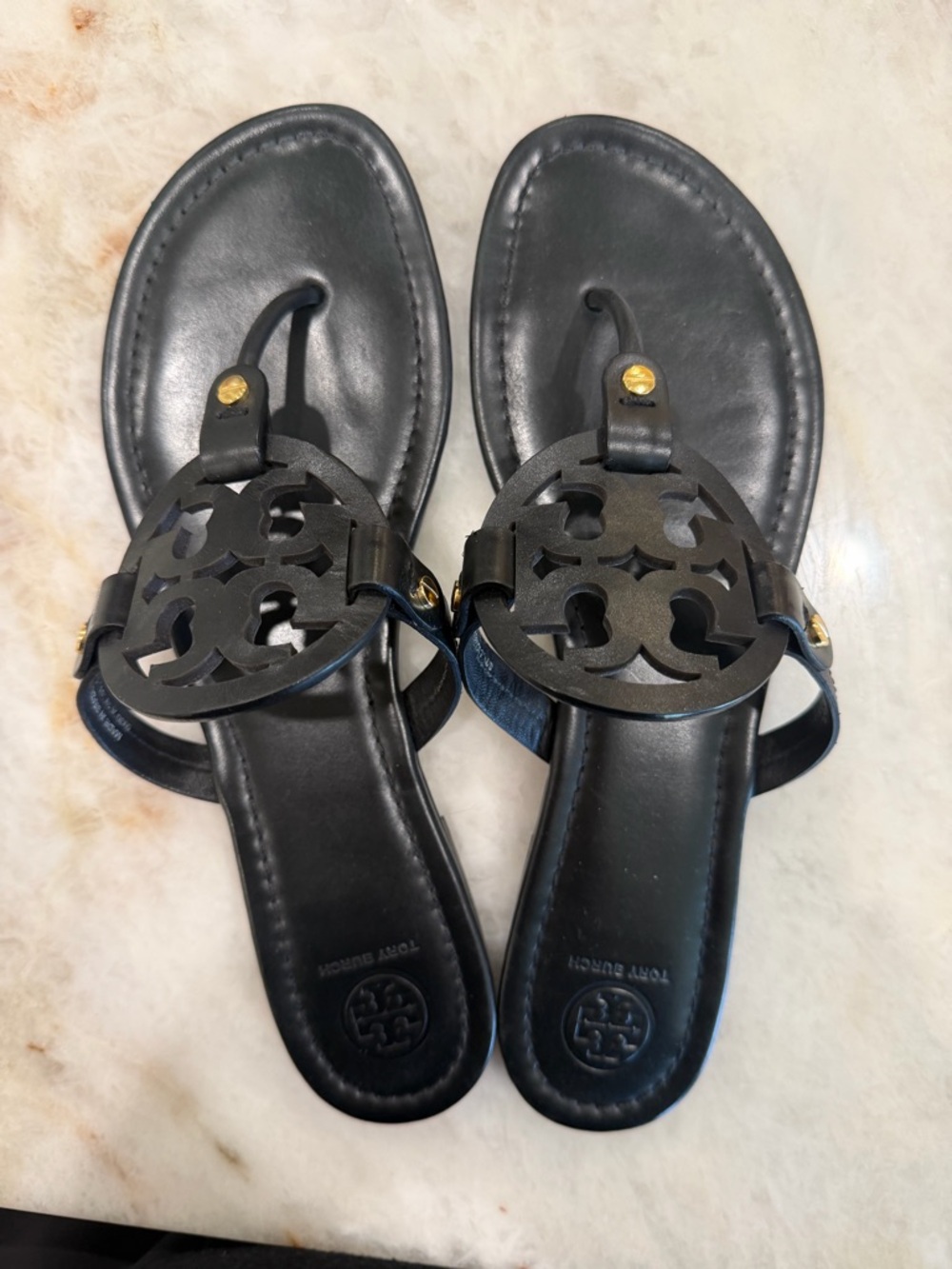 Tory Burch Black Miller Logo Thong Sandals with Gold Studs - Picture 4 of 5